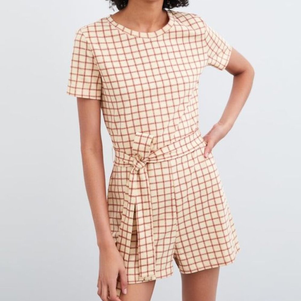 Zara Plaid Short Sleeve Romper with Tie Waist